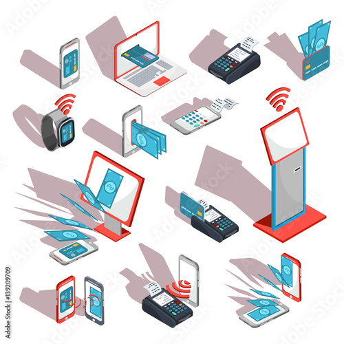 Isometric icons of mobile phones, laptop, wristwatches showing the ease and convenience of online payments