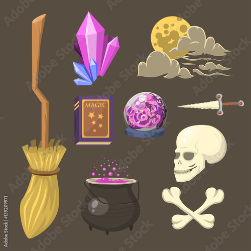 Special magic effect trick symbol magician wand and surprise entertainment fantasy carnival mystery tools cartoon miracle decoration vector illustration.