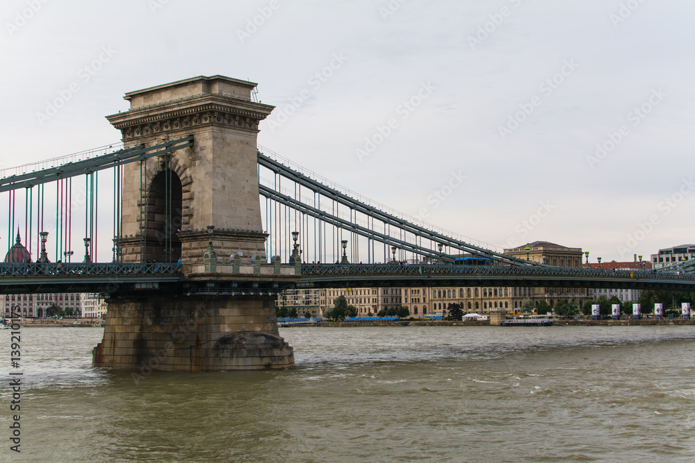 Naklejka premium Chain bridge on Danube river in Budapest, capital of Hungary