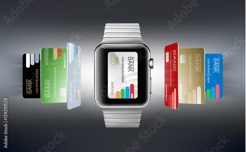 Vector illustration in a realistic style the concept of e-payments using the application on your wrist watch.