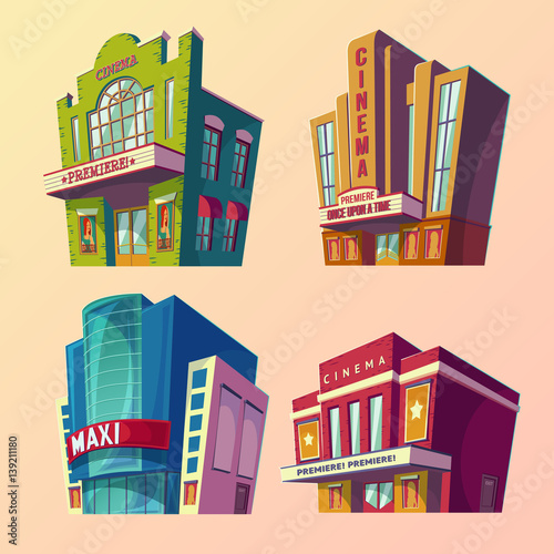 Set of vector isometric illustration of buildings cinema in cartoon style