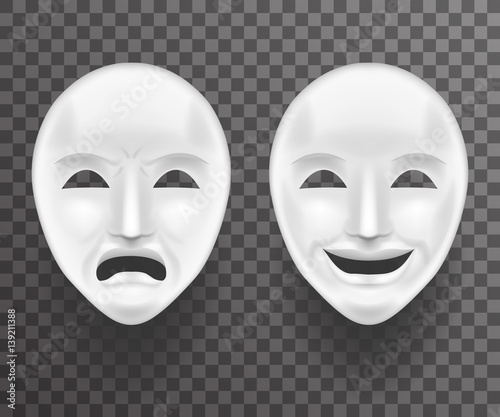 Theatrical Mask Sadness and Joy White Actor Play Face Antique Realistic 3d Transperent Icon Template Background Mock Up Design Vector Illustration