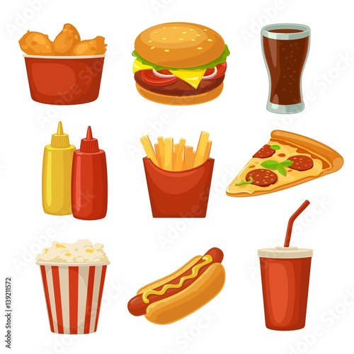 Set fast food icon. Cup cola, chips, burrito, hamburger, pizza fried chicken legs symbol for fast food delivery or takeaway packaging