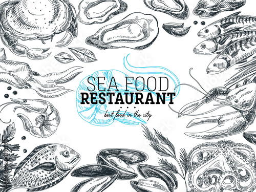 Vector hand drawn sea food Illustration. 