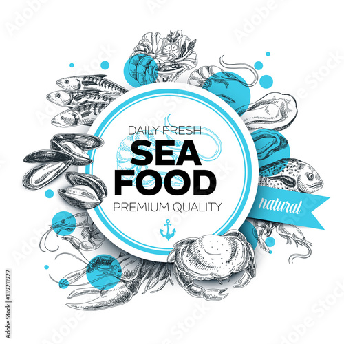 Vector hand drawn sea food Illustration. 