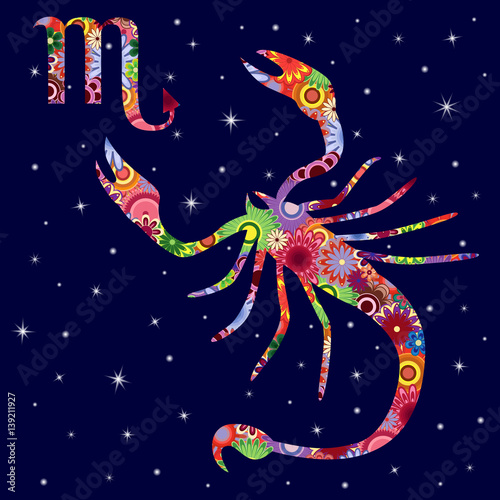 Zodiac sign Scorpio with flowers fill over starry sky