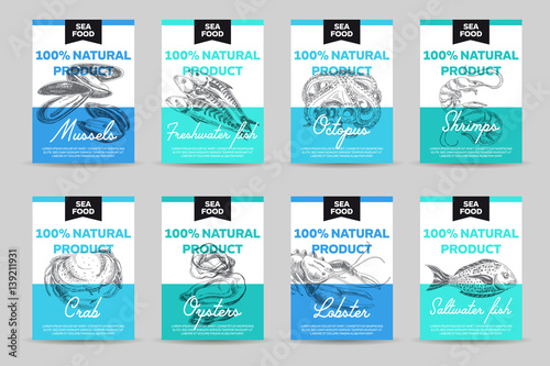 Vector hand drawn sea food Illustration. 