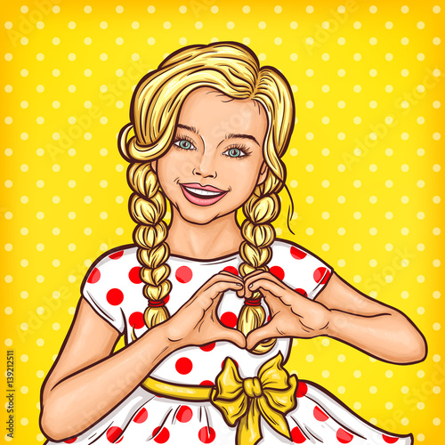 Vector pop art smiling little girl showing heart sign