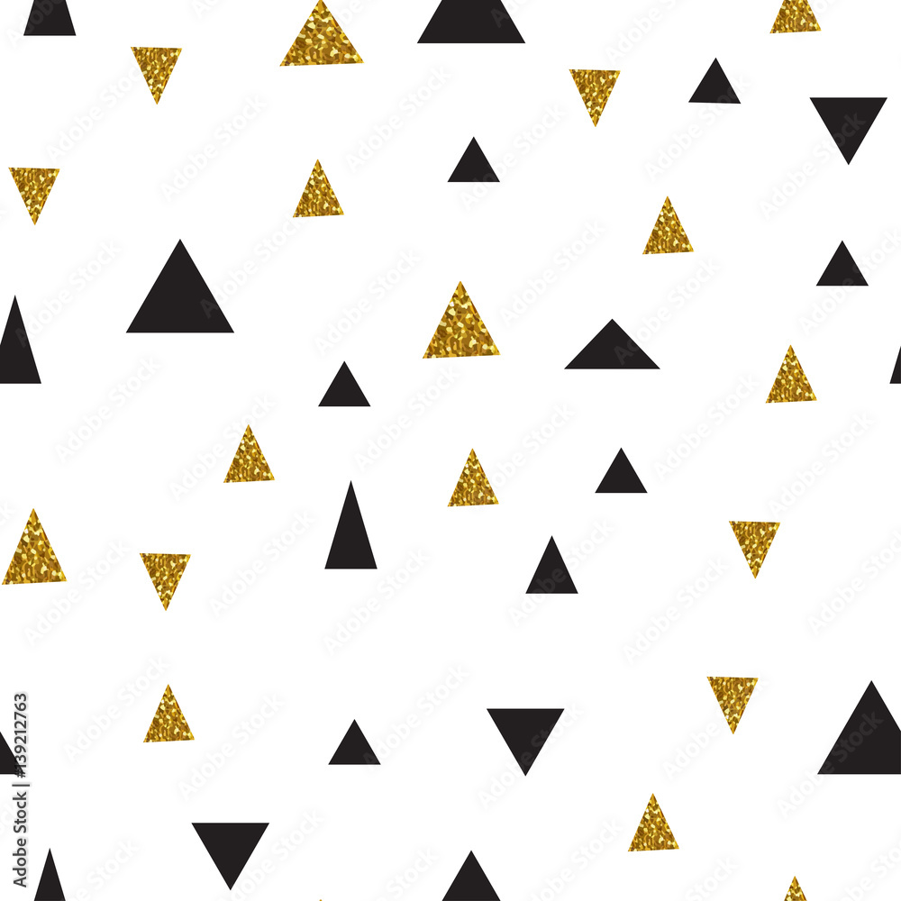 Abstract seamless pattern with triangles in gold glitter and black. Abstract seamless pattern with triangles in gold glitter and black.