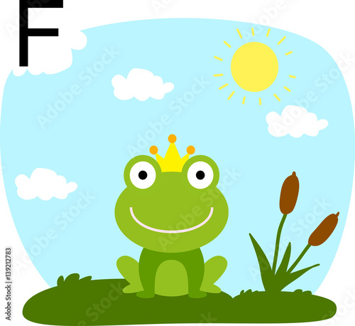 Vector illustration of a frog in a clearing with a letter of the alphabet F