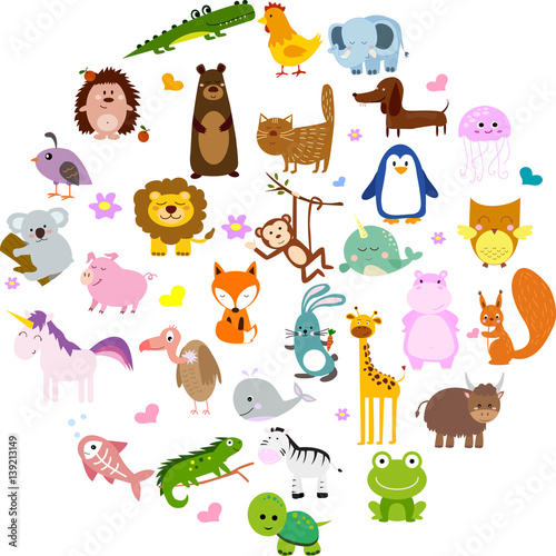Vector illustration of cute animals and birds: alligator, Fox, giraffe, bear, cat, dog, elephant, frog, chicken, Zebra, turtle, rabbit, iguana, monkey, whale, unicorn, Koala, penguin