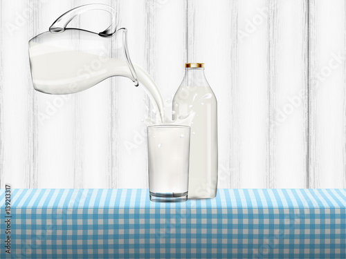 Milk pouring from jug in transparent glass with bottle standing on a table covered by blue checkered napkin in front of white wooden background, Healthy lifestyle vector concept illustration.