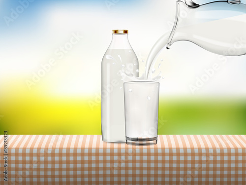Milk pouring from jug in transparent glass with bottle standing on a table covered by checkered napkin on bright outdoors background, Healthy lifestyle vector concept illustration.