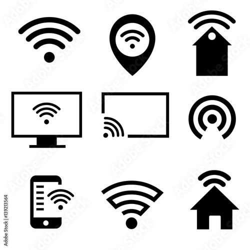 Vector wifi icons set: pc, smartphone, tablet pc, pointer, hotspot, signboard, laptop, speech bubble