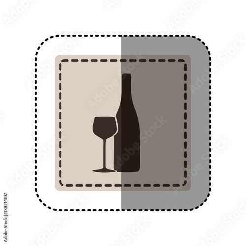 sticker monochrome square with bottle and glass of wine vector illustration