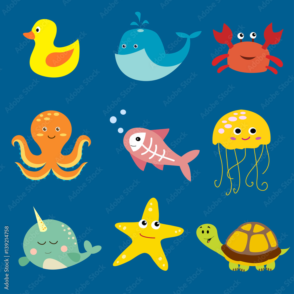 Fototapeta premium Cartoon fishes collection. Marine life.