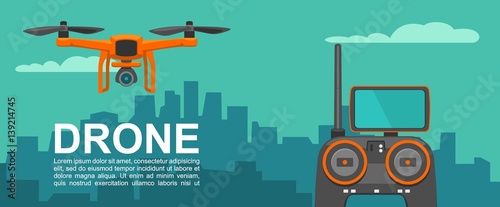 Fly drone with remote control on background city