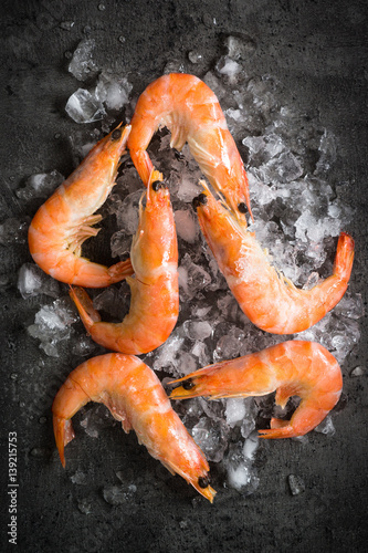 Fresh Prawns Shrimps in ice.