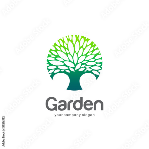 Vector logo template. Green tree in the circle. Garden