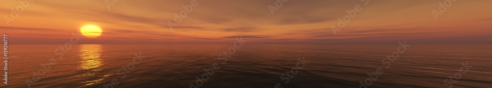 Panorama of sea sunset light over the water, 3d rendering
