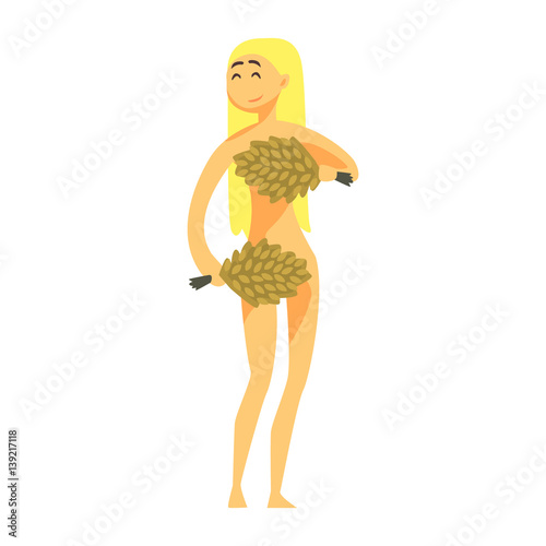 Undressed Woman Covering Herself With Bunches Of Birch Green Twigs, Part Of Russian Steam House Series Of Flat Funny Cartoon Illustrations