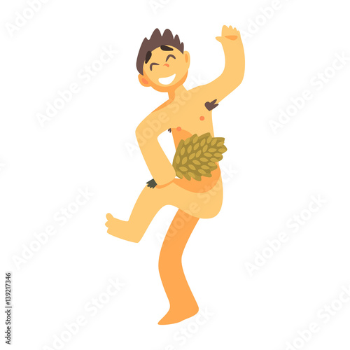 Man Hitting Himself With Bunch Of Green Birch Tree Twigs, Part Of Russian Steam House Series Of Flat Funny Cartoon Illustrations