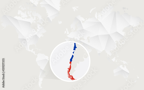 Chile map with flag in contour on white polygonal World Map.