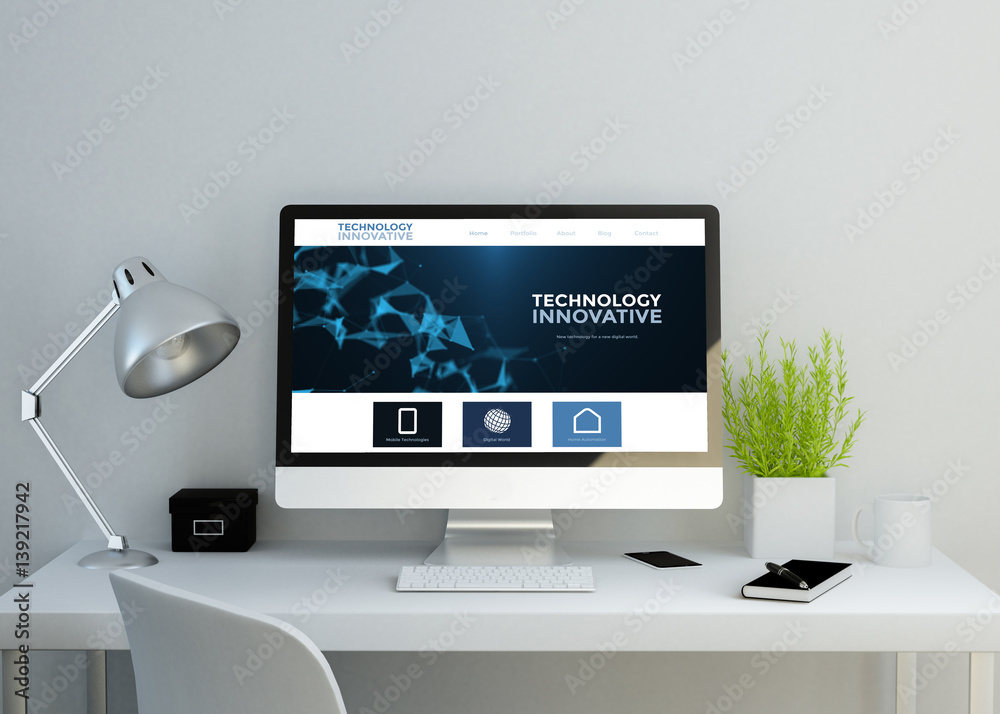 modern clean workspace with innovative website on screen modern clean workspace with innovative website on screen