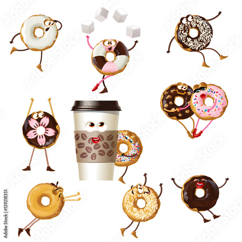 Set icons cartoon characters donuts