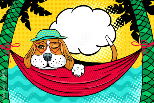 Cute dog in panama and glasses in the shape of a heart lying in a hammock between palm trees on the beach, winking and smiling.Vector illustration in retro comic style. Vector pop art background.