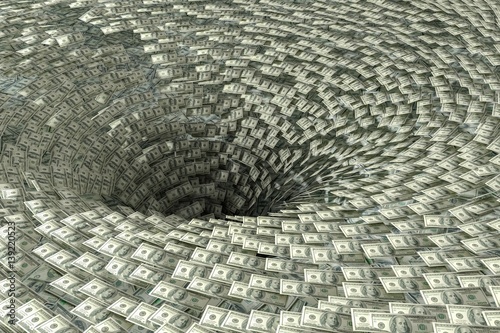 Money are falling in black hole. Economy crisis and bankruptcy concept.