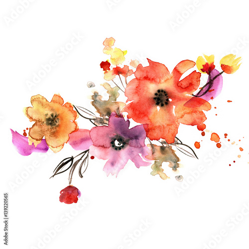 Naklejka Akwarele ręcznie malowane elementy kwiatowe na zaproszenie, karta ślubu, kartka urodzinowa.