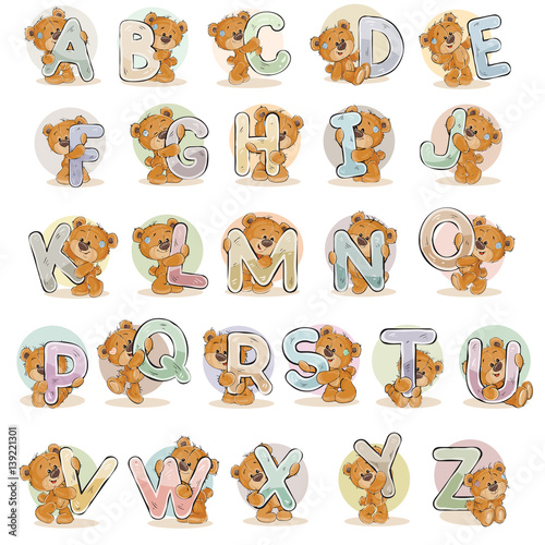 Set vector letters of the English alphabet with funny teddy bear
