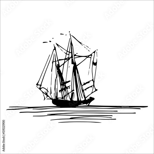 Vector illustration of sailing ship or boat in the sea in ink style. Hand sketched schooner. Marine theme design.