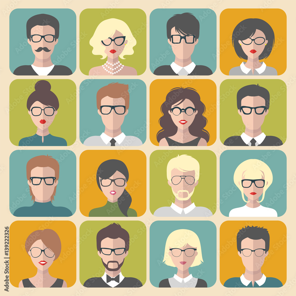 Vector set of office team images in trendy flat style. Collection of different businessman app icons in glasses. Vector set of office team images in trendy flat style. Collection of different businessman app icons in glasses.