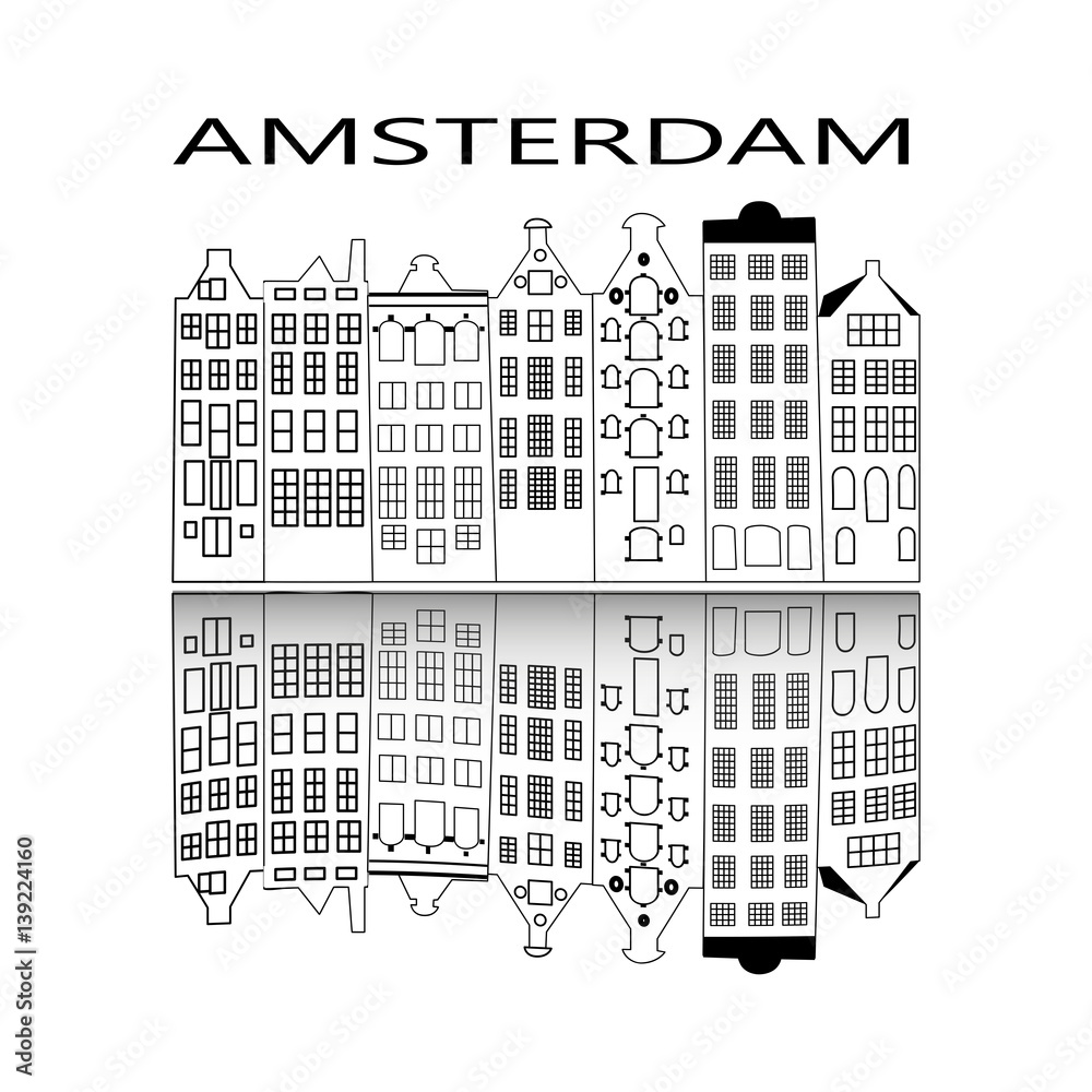 Fototapeta premium Typowe holenderskie fasady starych domów nad kanałem z odbiciem w kanale wodnym w Amsterdamie, Holandia.
