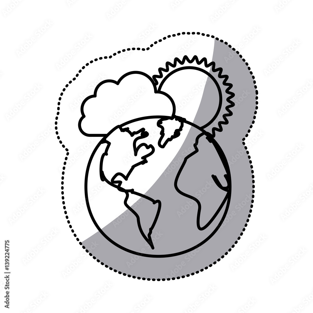 monochrome sticker contour of cloud with sun over planet earth vector illustration monochrome sticker contour of cloud with sun over planet earth vector illustration