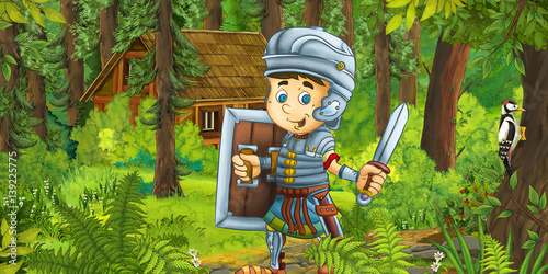Fototapeta Naklejka Na Ścianę i Meble -  happy smiling cartoon roman soldier standing with sword and shield in the forest
