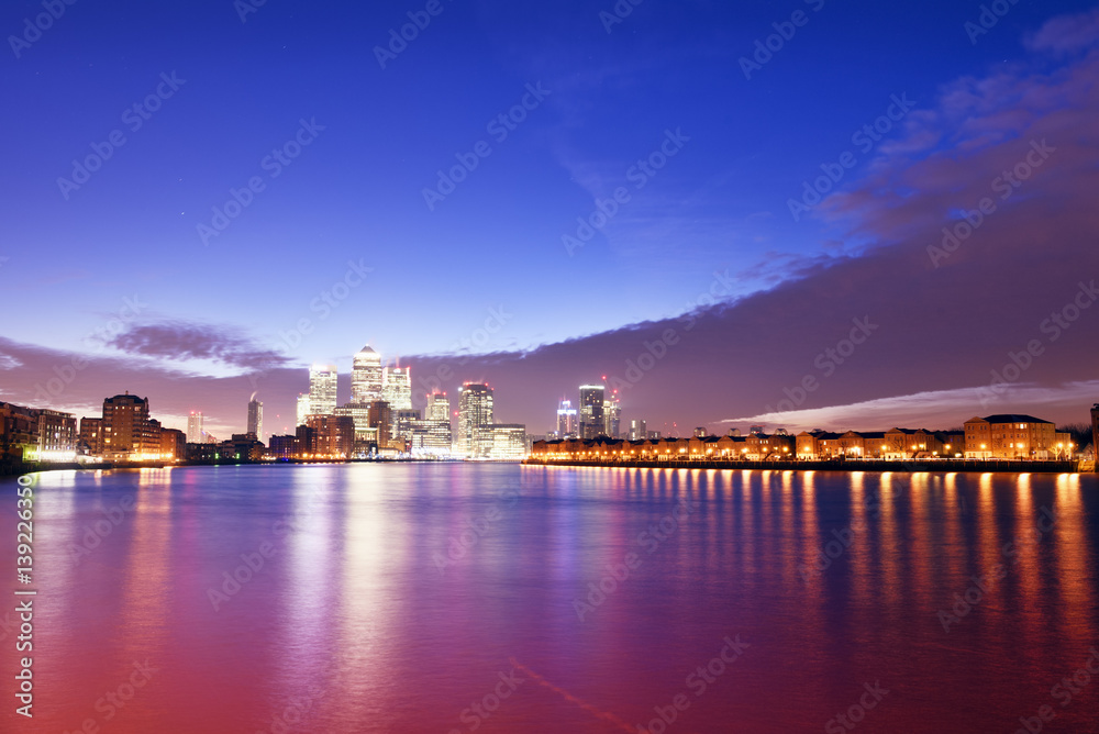 UK, London, skyline with Canary Wharf skyscrapers at dawn UK, London, skyline with Canary Wharf skyscrapers at dawn