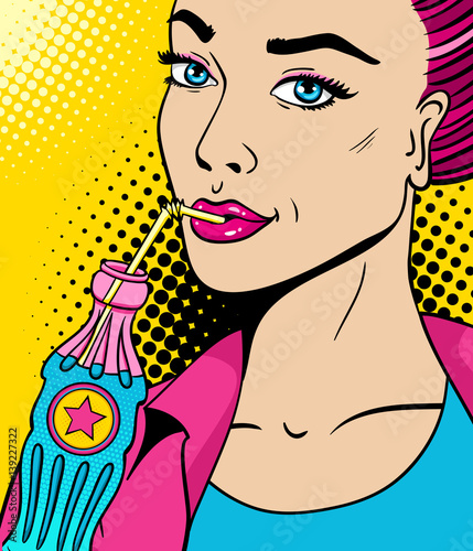 Close-up female face. Sexy pink woman with bottle of soda with drinking straw. Vector bright background in comic retro pop art style.