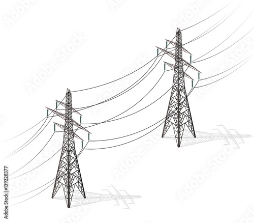 Vector high voltage pylons on white background in isometric perspective. 3d metal pole voltage, isolated background. Industrial illustration. Power line pylons with safety lock. Power plant equipment.