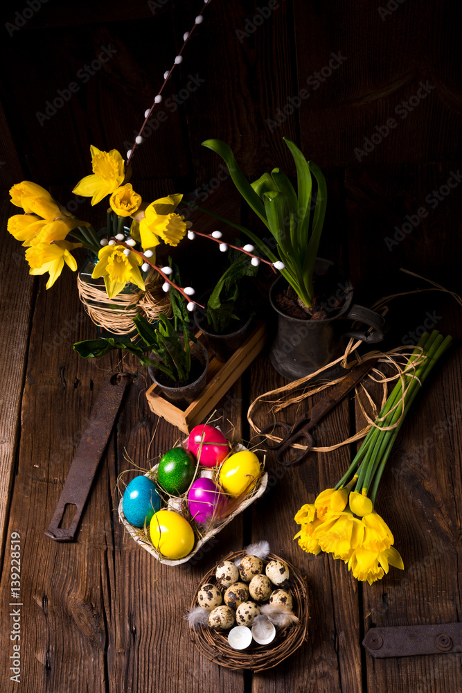 easter eggs and daffodils