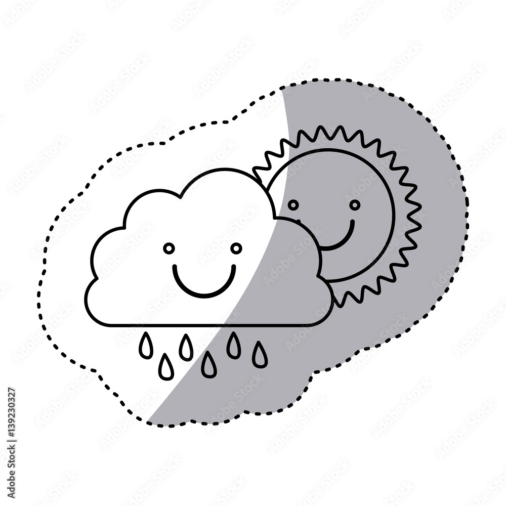 monochrome contour sticker of smiling cloud with rain and sun vector illustration monochrome contour sticker of smiling cloud with rain and sun vector illustration