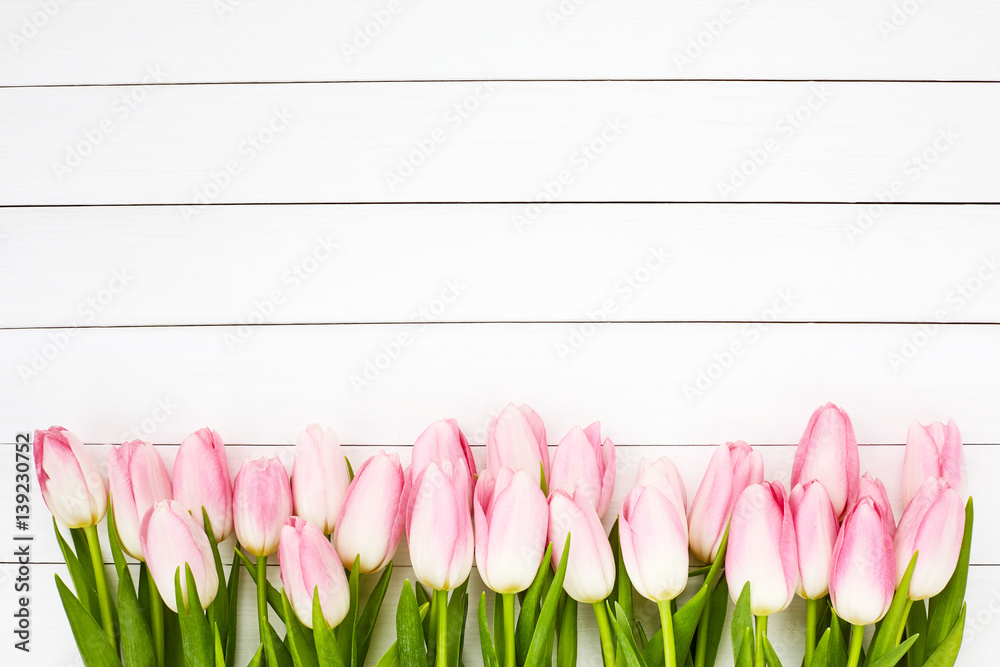 Fototapeta premium Pink tulips on white wooden background. Top view, copy space