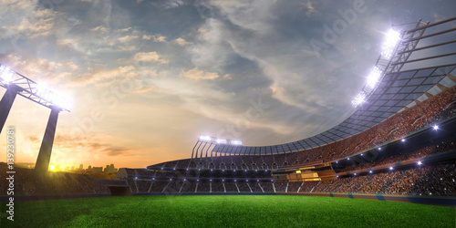 stadium sunset with people fans. 3d render illustration cloudy sky 