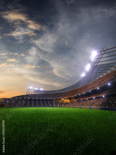 stadium sunset with people fans. 3d render illustration cloudy sky 