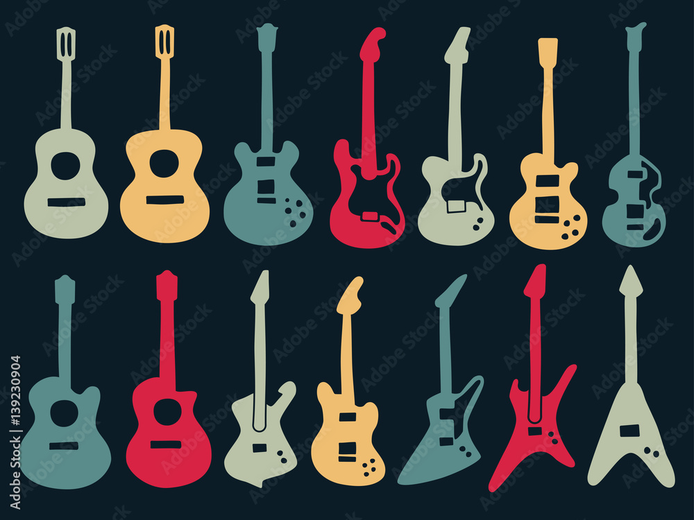 Fototapeta premium Guitar drawing with colorful icons in variety style including acoustic, classic and electric type.
