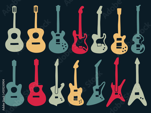 Guitar drawing with colorful icons in variety style including acoustic, classic and electric type.