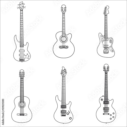 classic acoustic and electric guitar rock in the form of the contour on a white background