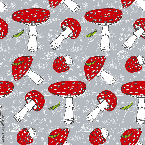Seamless cute seasonal pattern with  forest mushrooms
